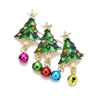 Christmas Tree with Bell Enamel Pin with Rhinestone, Alloy Badge for Backpack Clothes, Golden, Colorful, 44x57x9mm