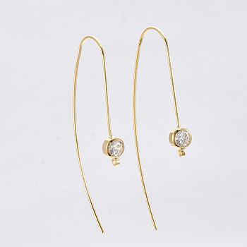 Brass Cubic Zirconia Earring Hooks, Ear Wire, with Horizontal Loop, Clear, Nickel Free, Real 18K Gold Plated, 49x5mm, Hole: 1.2mm, Pin: 0.7mm