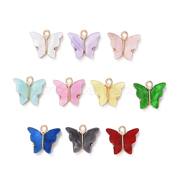 Alloy Acrylic Pendants, Butterfly, Light Gold, Mixed Color, 14x16.5x3mm, Hole: 1.6mm(ENAM-R136-01)