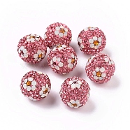 Polymer Clay Rhinestone Beads, Pave Disco Ball Beads, Round with Flower, Rose, 16mm, Hole: 1.6~1.8mm(RB-L029-03K)
