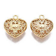 Brass Pendants, with Glass Rhinestone Inside, Hollow, Nickel Free, Heart, Real 18K Gold Plated, 21x19x9mm, Hole: 2.3mm(KK-S356-372G-NF)