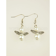 Trendy Glass Pearl Fairy Wing Dangle Earrings, with Tibetan Style Beads, Brass Earring Hooks, White, 45mm(X-EJEW-JE00290-01)