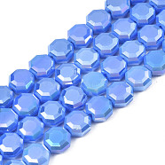 Electroplate Opaque Solid Color Glass Beads Strands, AB Color Plated, Half Plated, Faceted, Octagon, Royal Blue, 7~8x7~8x4mm, Hole: 1.2mm, about 72pcs/strand, 20.47 inch(52cm)(EGLA-N002-27-A04)