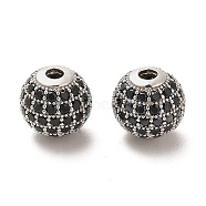 Rhodium Plated 925 Sterling Silver Micro Pave Cubic Zirconia Beads, Round, Real Platinum Plated, Black, 10x9mm, Hole: 2.2mm(STER-H110-24C-04P)