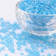 (Repacking Service Available) Glass Seed Beads, Trans. Colours Lustered, Round, LiGoht Cyan, 6/0, 4mm, Hole: 1.5mm, about 12G/bag(SEED-C015-4mm-103)