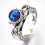 Alloy Cuff Finger Rings, with Glass, Wide Band Rings, Dragon Eye, Antique Silver, Blue, US Size 8 1/2(18.5mm)(RJEW-T006-35A)
