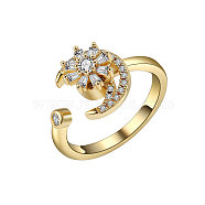 Adjustable Opening Brass  Cubic Zirconia Rotating Ring, Cuff Rings, Flower with Moon, Golden, 11mm(PW-WG87975-02)