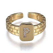 Brass Micro Pave Clear Cubic Zirconia Cuff Rings, Open Rings, Cadmium Free & Lead Free, Rectangle, Golden, Letter.P, US Size 6 1/4, Inner Diameter: 16.8mm(RJEW-H538-02G-P)