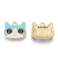 Light Gold Plated Alloy Kitten Pendants, with Enamel, Cat Head Shape, Light Blue, 13.5x16x3mm, Hole: 2mm(X-ENAM-T009-41A)