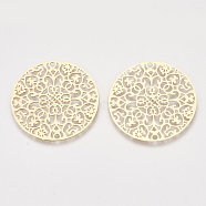 Brass Filigree Joiners Links, Etched Metal Embellishments, Flat Round, Light Gold, 30x0.3mm, Hole: 1.6mm(X-KKC-T001-11KC)