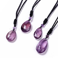 Natural Amethyst Pendant Necklace with Nylon Cord for Women,  Teardrop, 15.39~15.75 inch(39.1~40cm)(G-G993-C01)