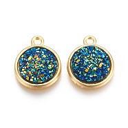 Resin Pendants, with Golden Tone Alloy Findings, Flat Round, Teal, 18x15x3.5~4mm, Hole: 1.8mm(RESI-F015-A09)