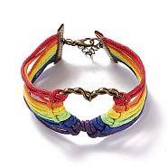 Rainbow Pride Bracelet, Heart Link Wide Bracelet, Waxed Cords Bracelet for Men Women, Colorful, 9-3/8 inch(23.8cm)(BJEW-F424-02)