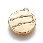 Brass Cubic Zirconia Pendants, Flat Round with Constellation, Golden, Clear, Gemini, 16x14x1.5mm, Hole: 1mm(ZIRC-O029-11G-10)