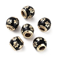 Golden Plated Alloy Enamel European Beads, Large Hole Beads, Round with Paw Print Pattern, Black, 12x11mm, Hole: 5.2mm(FIND-E046-04G)