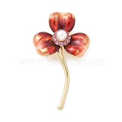 Clover Enamel Pins, Alloy Rhinestone Brooches, with Plastic Pearl, for Backpack Clothes, Indian Red, 55.5x31.5mm(JEWB-R051-05G-01)