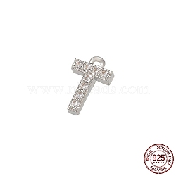 Real Platinum Plated Rhodium Plated 925 Sterling Silver Micro Pave Clear Cubic Zirconia Charms, Initial Letter, Letter T, 9x6x1.5mm, Hole: 0.9mm(STER-P054-10P-T)