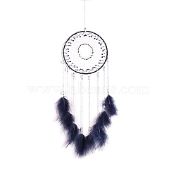 Woven Web/Net with Feather Wall Hanging Decorations, with Iron Ring, for Home Bedroom Decorations, Prussian Blue, 590mm(PW-WG81593-01)