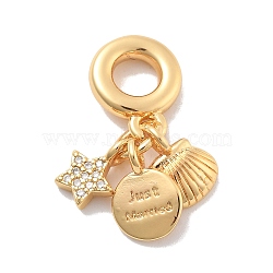 Brass Clear Cubic Zirconia Star & Shell Shape & Flat Round European Dangle Charms, Large Hole Pendants, Real 18K Gold Plated, 25.5mm, Hole: 4.5mm(KK-M305-20G)