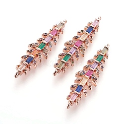 Brass Micro Pave Cubic Zirconia Links, Leaf, Colorful, Rose Gold, 38.5~39x10.5x3mm, Hole: 1~1.2mm(ZIRC-F101-05RG)