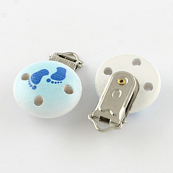 Flat Round Printed Wooden Baby Pacifier Holder Clip with Iron Clasp, Blue, 30mm(WOOD-R251-11A)