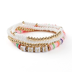 4Pcs 4 Styles Stretch Bracelets Sets, Stackable Bracelets, with Polymer Clay Heishi Beads, Glass Beads, Brass Beads and Acrylic Letter Beads, Word Love, Golden, Mixed Color, Inner Diameter: 2~2-1/4 inch(5.1~5.8cm), 1pc/style(BJEW-JB05901)