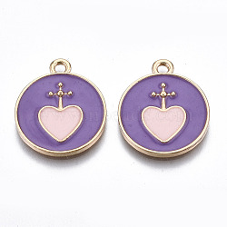 Light Gold Plated Alloy Enamel Pendants, Cadmium Free & Lead Free, Flat Round with Heart, Medium Orchid, 21x17.5x2mm, Hole: 1.8mm(ENAM-T009-73A-RS)