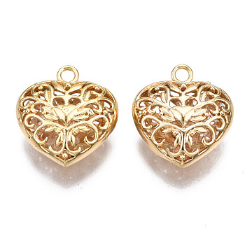 Brass Pendants, with Glass Rhinestone Inside, Hollow, Nickel Free, Heart, Real 18K Gold Plated, 21x19x9mm, Hole: 2.3mm