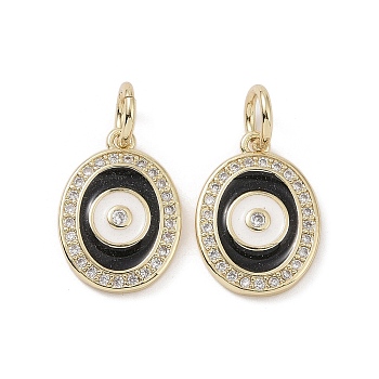 Real 18K Gold Plated Brass Micro Pave Cubic Zirconia Pendants, with Enamel and Jump Ring, Oval with Evil Eye Charms, Black, 15.5x11x2mm, Hole: 4mm