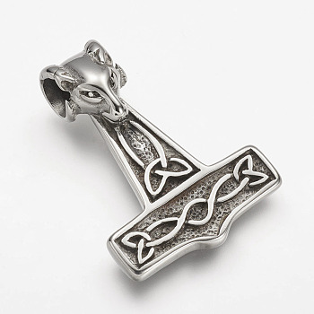 304 Stainless Steel Pendants, Sheep Head with Thor's Hammer, Antique Silver, 40x29x10mm, Hole: 6mm