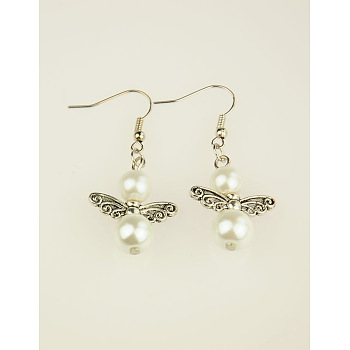 Trendy Glass Pearl Fairy Wing Dangle Earrings, with Tibetan Style Beads, Brass Earring Hooks, White, 45mm