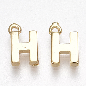 Brass Charms, Letter, Nickel Free, Real 18K Gold Plated, Letter.H, 8.5x5x1.5mm, Hole: 0.8mm