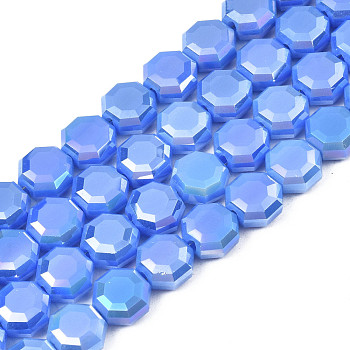 Electroplate Opaque Solid Color Glass Beads Strands, AB Color Plated, Half Plated, Faceted, Octagon, Royal Blue, 7~8x7~8x4mm, Hole: 1.2mm, about 72pcs/strand, 20.47 inch(52cm)