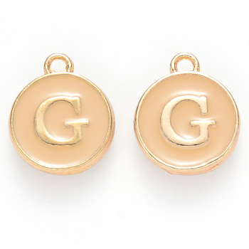 Golden Plated Alloy Enamel Charms, Cadmium Free & Lead Free, Enamelled Sequins, Flat Round with Letter, Wheat, Letter.G, 14x12x2mm, Hole: 1.5mm