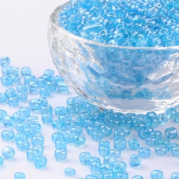(Repacking Service Available) Glass Seed Beads, Trans. Colours Lustered, Round, LiGoht Cyan, 6/0, 4mm, Hole: 1.5mm, about 12G/bag