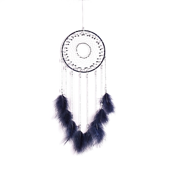 Woven Web/Net with Feather Wall Hanging Decorations, with Iron Ring, for Home Bedroom Decorations, Prussian Blue, 590mm