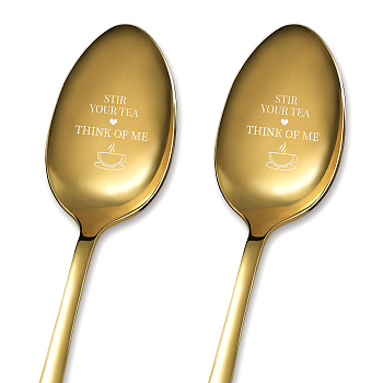 Stainless Steel Spoons Set, with Packing Box, Word Pattern, Golden Color, Cup Pattern, 182x43mm, 2pcs/set