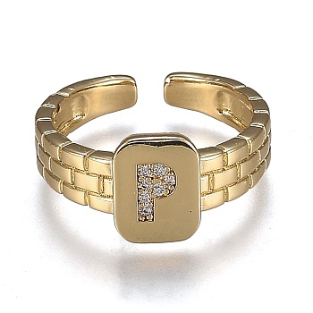 Brass Micro Pave Clear Cubic Zirconia Cuff Rings, Open Rings, Cadmium Free & Lead Free, Rectangle, Golden, Letter.P, US Size 6 1/4, Inner Diameter: 16.8mm