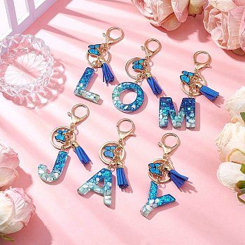 Epoxy Resin Keychian, with Alloy Key Rings & Tassel Pendants, Butterfly, Letter A~Z, Golden, 109~122mm, 26pcs/set