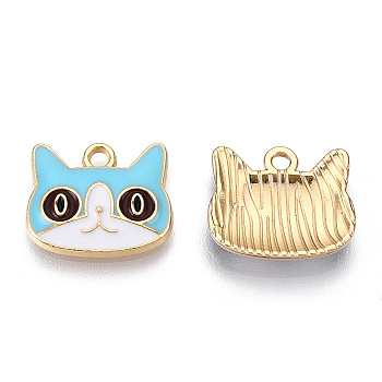 Light Gold Plated Alloy Kitten Pendants, with Enamel, Cat Head Shape, Light Blue, 13.5x16x3mm, Hole: 2mm