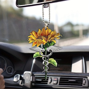 Nurse Caduceus Sunflower Rn CNA Acrylic Pendant Decoration, for Car Rear View Mirror Hanging Ornament, 320mm, Pendant: 80x50.5x4mm