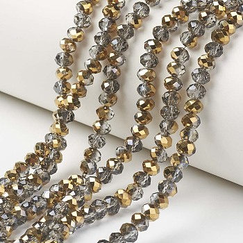 Electroplate Transparent Glass Beads Strands, Half Golden Plated, Faceted, Rondelle, Goldenrod, 3.5x3mm, Hole: 0.4mm, about 123~127pcs/strand, 13.7~14.1 inch(35~36cm)