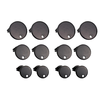 24Pcs 3 Size304 Stainless Steel Stud Earring Findings, with Loop and Flat Plate, Ear Nuts/Earring Backs, Flat Round, Electrophoresis Black, 8~12x1mm, Hole: 1.5~1.8mm, Pin: 0.8mm, 24pcs/box