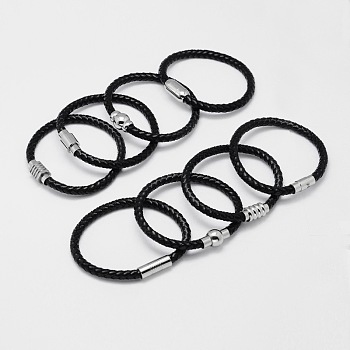 Mixed Braided Leather Cord Bracelets, with 304 Stainless Steel Magnetic Clasps, Black, 200x6mm