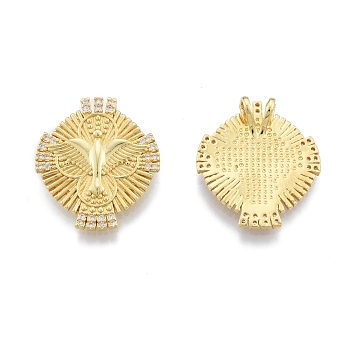 Brass Micro Pave Clear Cubic Zirconia Pendants, Flat Round with Pigeon, Real 18K Gold Plated, 23x20.5x5mm, Hole: 2x3mm