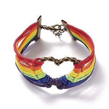 Rainbow Pride Bracelet, Heart Link Wide Bracelet, Waxed Cords Bracelet for Men Women, Colorful, 9-3/8 inch(23.8cm)