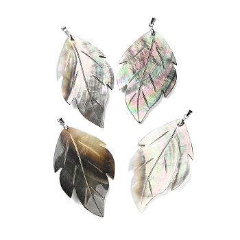 Natural Black Lip Shell Big Pendants, Leaf Charms with Platinum Plated Brass Pinch Bails, 65.5~67x41x3~3.5mm, Hole: 4.5x3.5mm