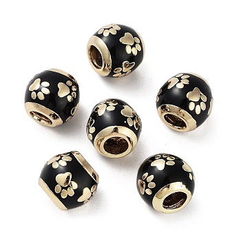 Golden Plated Alloy Enamel European Beads, Large Hole Beads, Round with Paw Print Pattern, Black, 12x11mm, Hole: 5.2mm