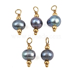 Dyed Natural Pearl Pendants, with 304 Stainless Steel Findings, Potato Charms, Ion Plating(IP), Dark Slate Gray, Real 18K Gold Plated, 18~18.5x7~8.5x6.5~7.5mm, Hole: 2.5mm(PA-CBA0A45-12G)