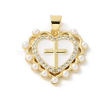 Brass Micro Pave Clear Cubic Zirconia Pendants, Heart with Cross, with ABS Imitation Pearl & Enamel, Rack Plating, Cadmium Free & Lead Free, Long-Lasting Plated, Real 18K Gold Plated, 17.5x19.5x3mm, Hole: 3.5x3.5mm(KK-P294-16G)